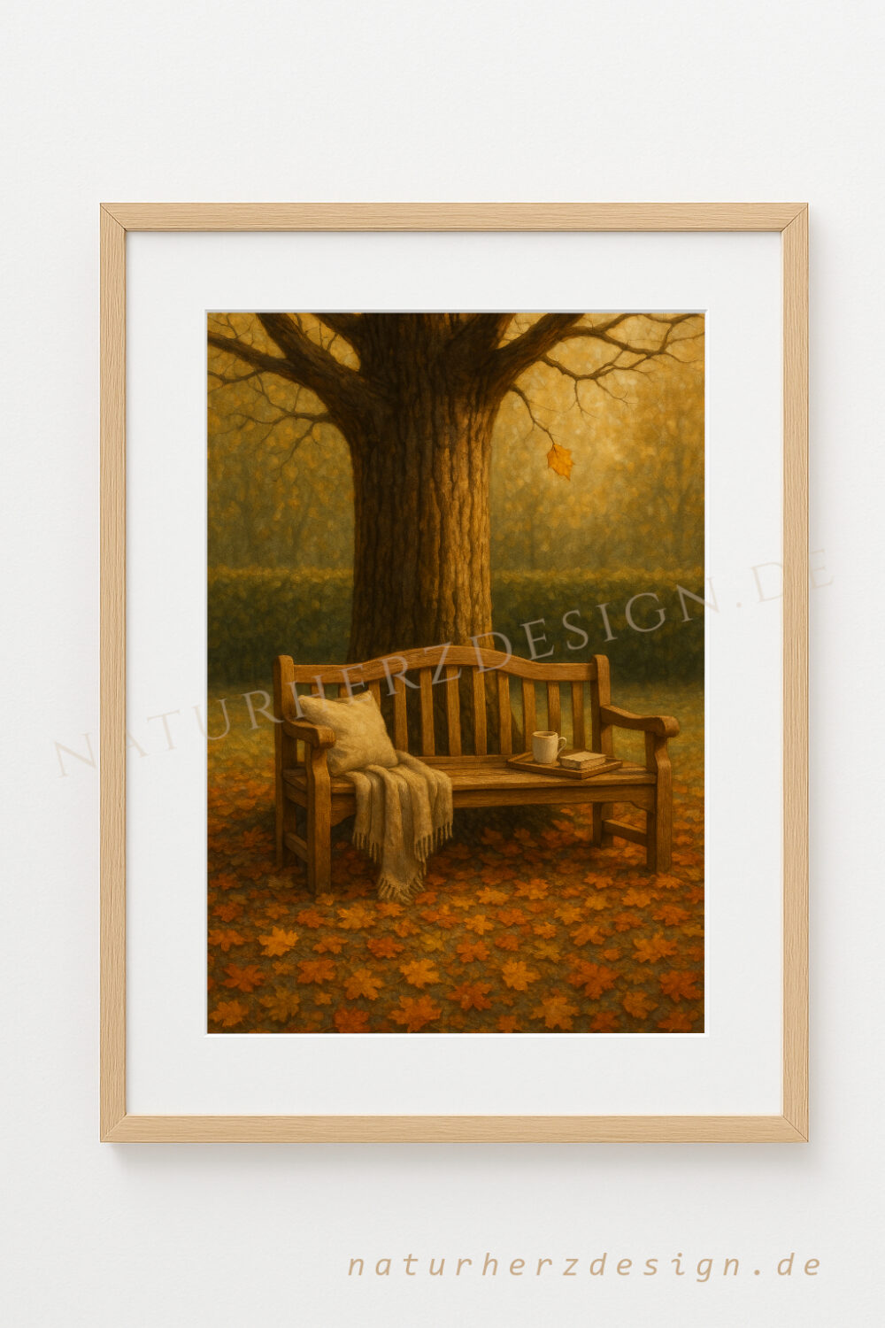 herbst_bank_baum_shop_rahmenNEU „Herbstzauber unter dem Baum – Kuschelige Ruhebank im Laub"- Fine-Art-Motiv A4