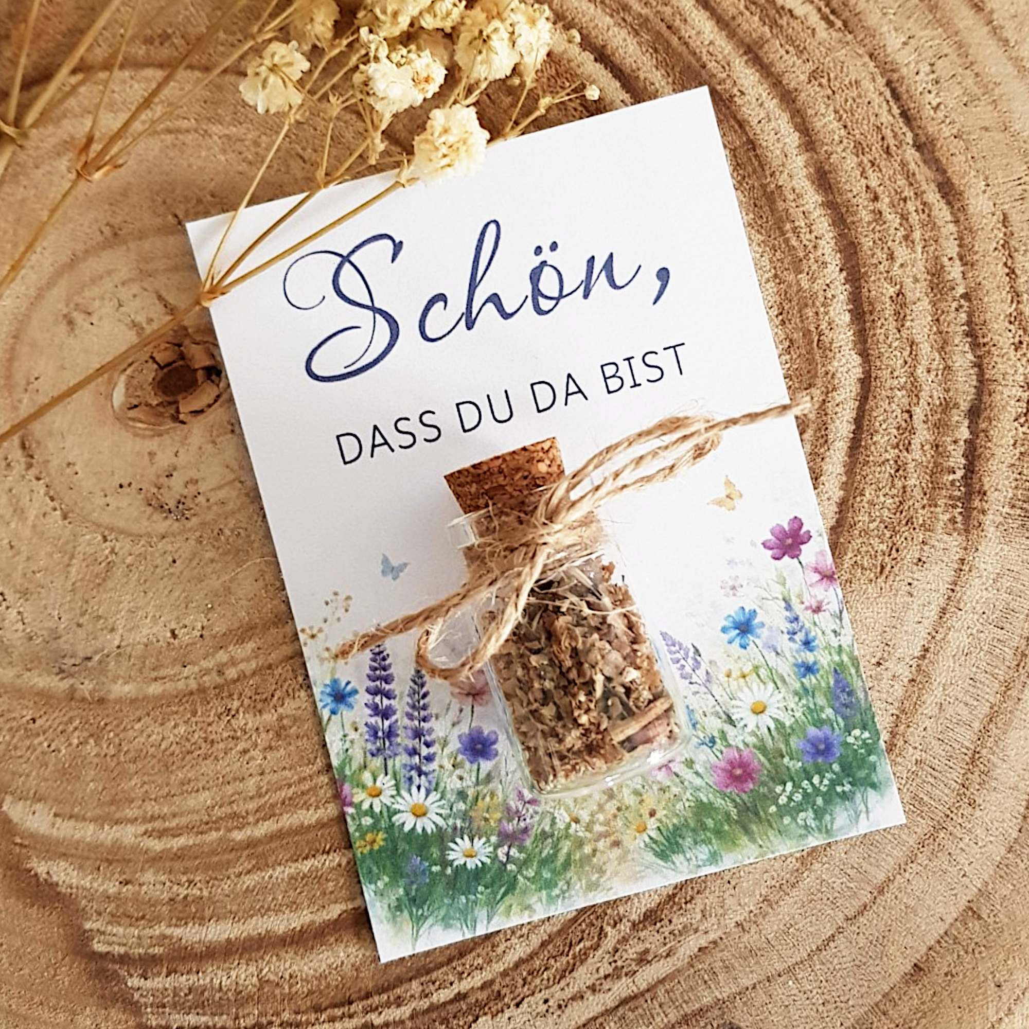 Kleines Geschenk Mitbringsel – Schön dass du da bist Karte mit Blumensamen – Bild 3