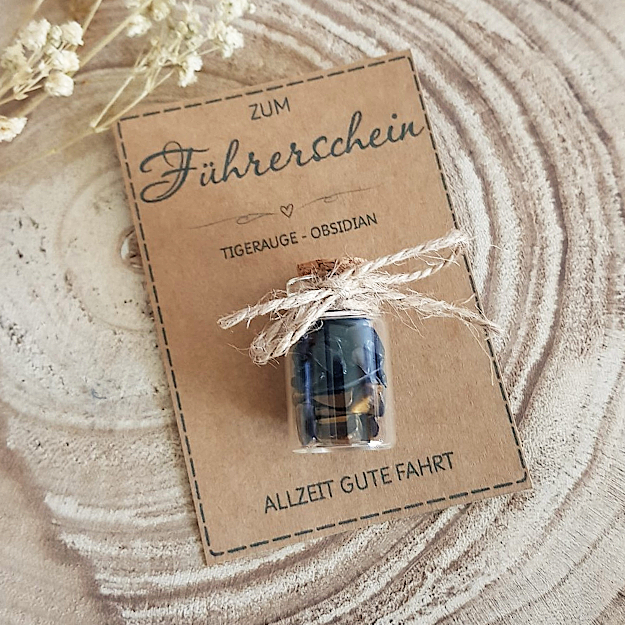 Geschenk zum Führerschein mit Tigerauge & Obsidian | personalisierbarer Glücksbringer – Bild 4