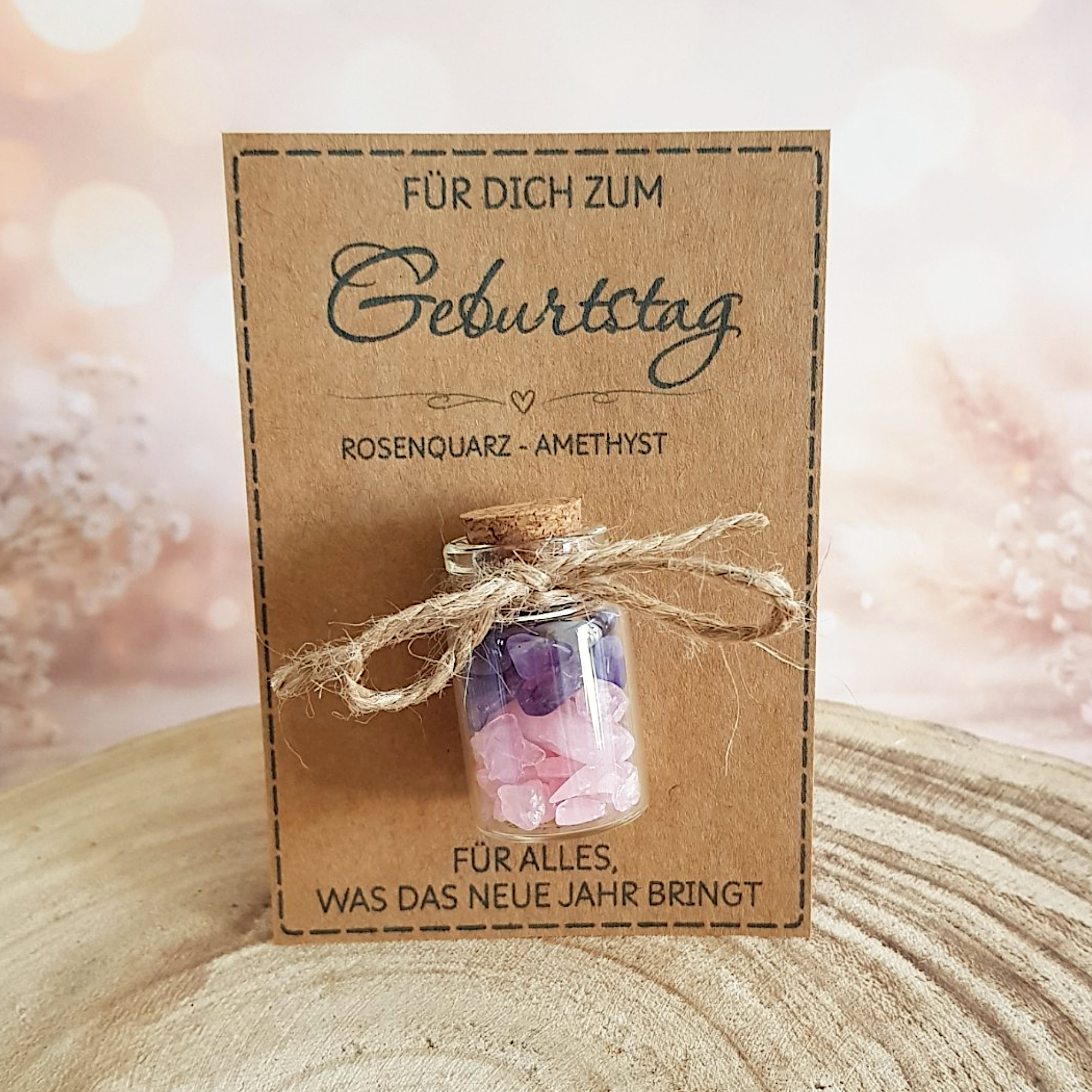 Geburtstag Geschenk mit Rosenquarz und Amethyst