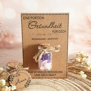 Gute Besserung Geschenk mit Rosenquarz und Amethyst personalisiert