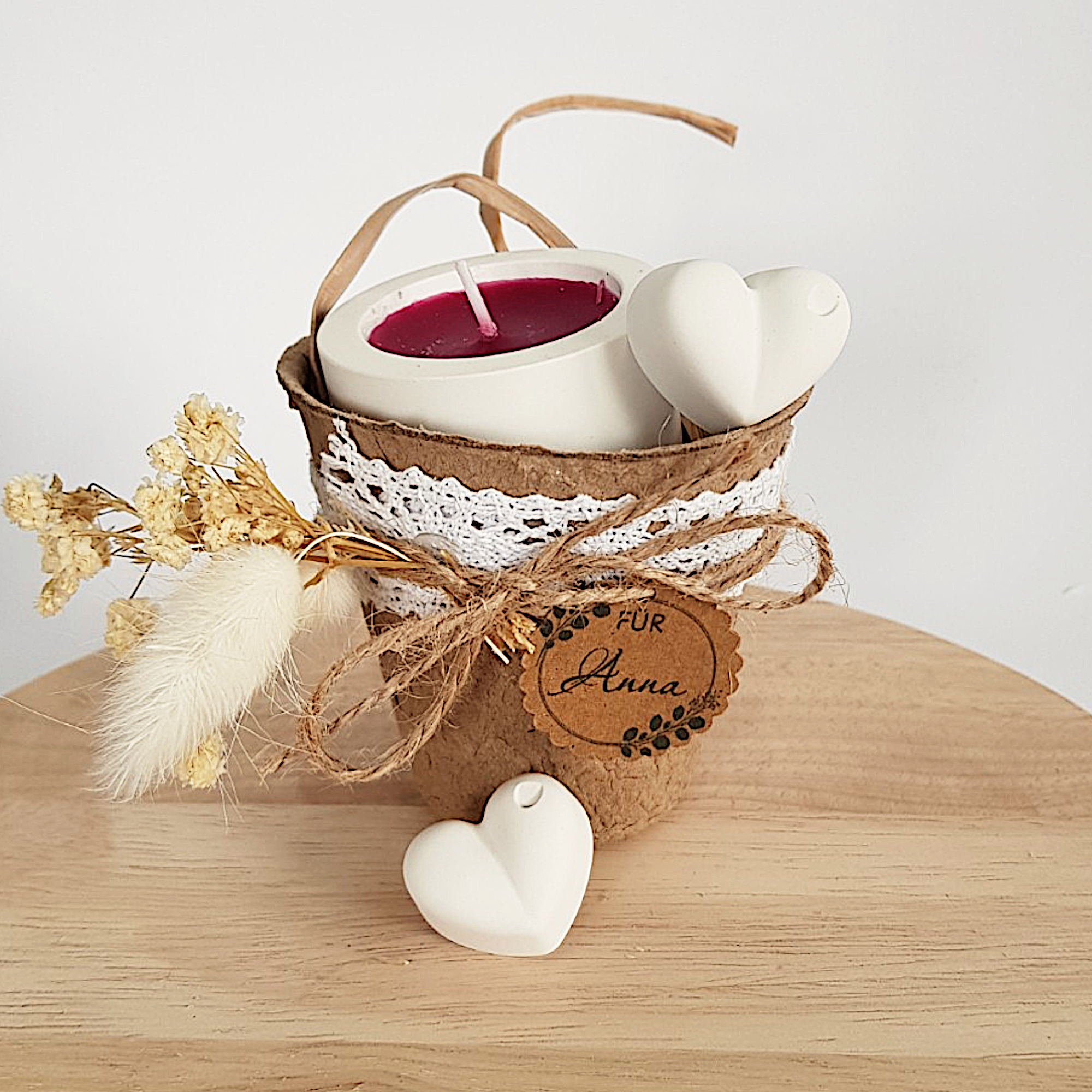Kleines Geschenk mit Duftkerze – personalisierbares Kerzenset im Naturfaser-Topf – Bild 6
