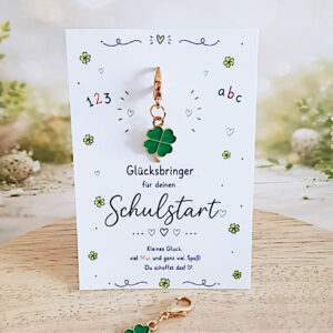 Geschenk Einschulung - Schlüsselanhänger Kleeblatt mit Karte