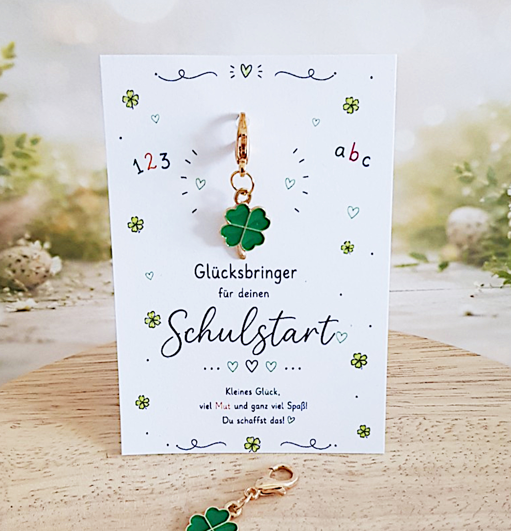 Geschenk Einschulung - Schlüsselanhänger Kleeblatt mit Karte