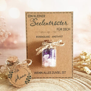 Seelentröster Geschenk mit Rosenquarz und Amethyst personalisiert